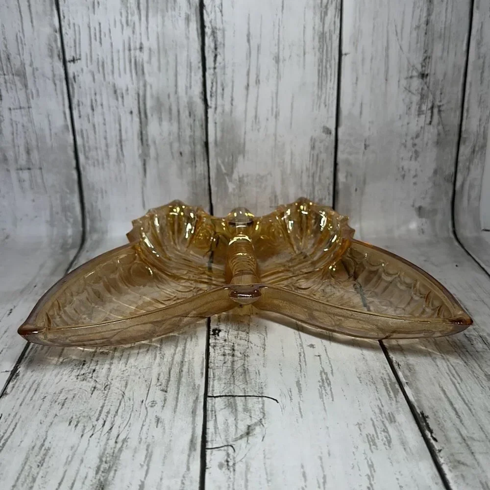 Jeanette Glass Dish Vintage Butterfly Amber Nut Candy Relish Divided Collectible